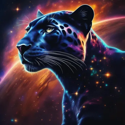 Prompt: a colourful panther made of stars and outer space, jumping over the sun in space a photorealistic Disney style.