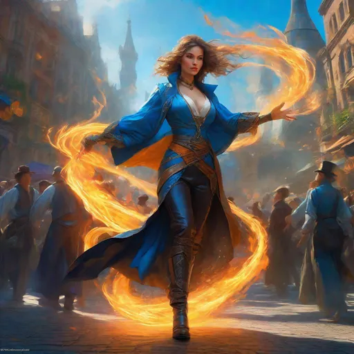 Prompt: Three-quarters portrait, agressive blue-fire wielding sorcerer, blue-fire all around, dynamic pose, fantasy, highly detailed, digital painting, steampunk city, in the streets, big crowd, art by Stanley Lau and Artgerm and magali villeneuve and Alphonse Mucha, artstation, octane render, cgsociety, HDR, UHD, 64k, best quality, best quality, masterpiece:1.5)


