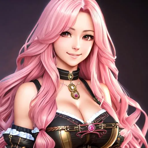 Prompt: extremely realistic, hyperdetailed, extremely long pink wavy hair anime girl, blushing, smiling happily, wears steampunk clothing, toned body, showing abs midriff, highly detailed face, highly detailed eyes, full body, whole body visible, full character visible, soft lighting, high definition, ultra realistic, 2D drawing, 8K, digital art