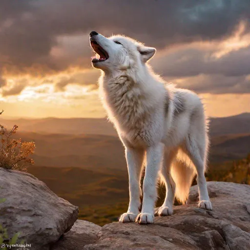 Prompt: beautiful white wolf pup howling, standing on cliffside, sunrise, UHD, full body focus, professional, vibrant, wild billowing fur, big 8k {silver eyes}, thick fluffy {rose-gold mane}, vivid colors, rich colors, majestic colors, majestic golden sky, realistic fur, highly detailed, intricate detail, Anne Stokes, Yuino Chiri, detailed oil painting, masterpiece, unreal engine, artstation, 8k HD