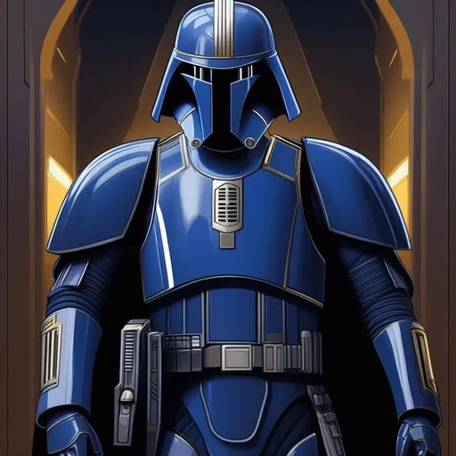 Prompt: Star wars senate guard. Dark blue armor uniform. Very narrow visor. In background a scifi alley. Rpg art. Star wars art. 2d art. 2d. Well draw face. Detailed. 