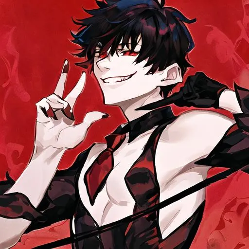 Prompt: Damien (male, short black hair, red eyes) grinning seductively, holding a whip, blowing a kiss 