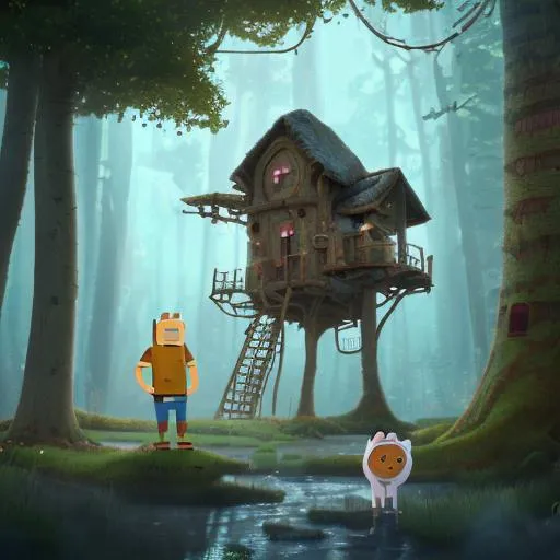Prompt: adventure time Jake the dog and Finn the humane at the tree house