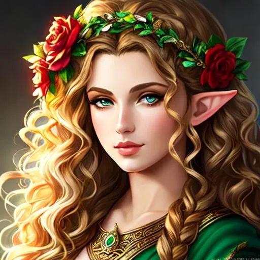 Prompt: dnd, fantasy, portrait, female, greek mythology, elf, curly hair, wreath