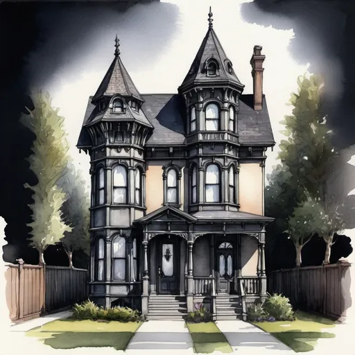 Prompt: Tiny queen Anne Victorian revival small house, narrow house, architectural hand sketch, watercolor painting, dark facade, contrast accent, front gable end, conceptual, highres, detailed, watercolor painting, gothic revival, architectural sketch, dark tones, bright contrast, conceptual art, atmospheric lighting