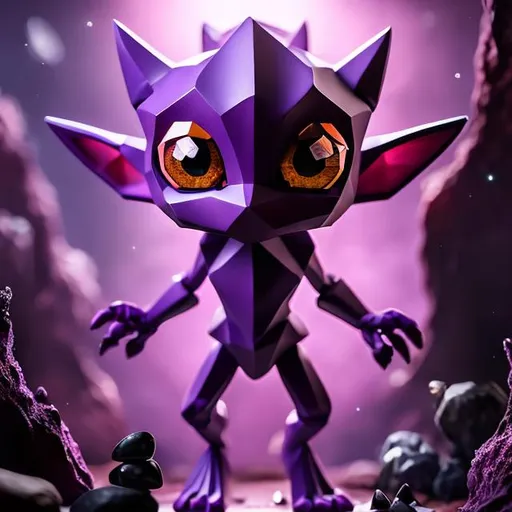 Prompt: Small purple humanoid figure, long pointy ears, large hexagon shaped gems for eyes, a large mouth with small pointy teeth, three fingers on each hand and three toes on each foot, short limbs, crouched stance, purples and blues, dim lighting, cave, spooky, goblin like, dark, smooth skin, crystals, genderless, clear image, sword, armor, adventure