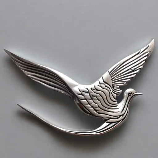 Prompt: A  dove bird carved prominently from silver in a streamlined shape, and its body is streamlined in the form of curves without details



