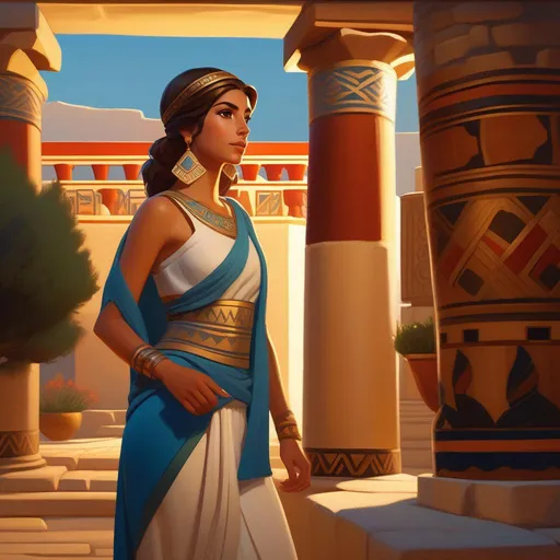 Prompt: Third person, gameplay, Greek girl, olive skin, brown hair, brown eyes, 2020s, Knossos at night, Knossos Palace in the background, warm atmosphere, cartoony style, extremely detailed painting by Greg Rutkowski and by Henry Justice Ford and by Steve Henderson 