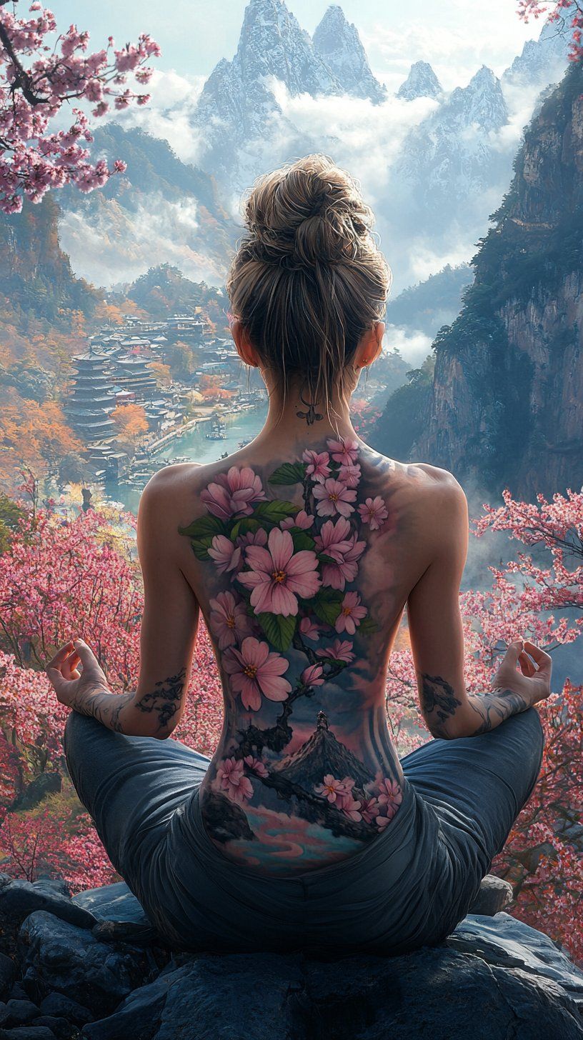 Prompt: A woman with a floral tattoo on her back is seated cross-legged on a rock, overlooking a vibrant landscape of pink cherry blossoms and majestic mountains under a clear sky. She has a relaxed posture, suggesting meditation or contemplation. Her attire consists of a black top and gray pants