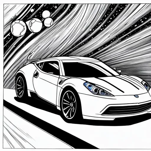Prompt: Black and white colouring page of sports car in space 