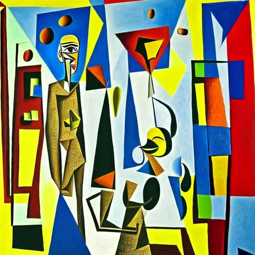 Prompt: A abstract painting big cubical background with different shapes and items  and sizes of shapes textured textures into this painting different dimensions in this image different hidden items like a puzzle random lines or out of place items or things in this picture. A man walking a Dog random placement. Picasso style, Salvador Dali style 
