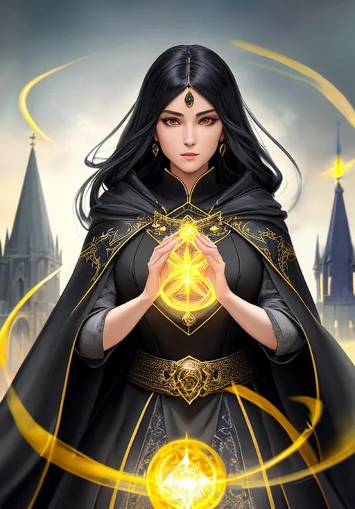 Prompt: Character concept art of a beautiful 
 and intense female sorcerer in her 30s with flowing black hair with glowing yellow eyes wearing a fitted gray dress and black cloak surrounded by swirling energy and casting a spell. A cathedral in the background. Fantasy, intricate, elegant, highly detailed, digital painting, trending on artstation, detailed face, realistic face, smooth, sharp focus, illustration art by Stanley Lau