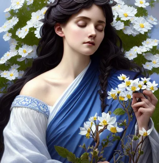 Prompt: philomena, patron saint of mental health, beautiful, dark hair, long hair, blue and white dress, sleeve, peaceful flowers, biblical figure, gorgeous, amazing, elegant, intricate, highly detailed, digital painting, artstation, concept art, sharp focus, illustration, art by artgerm and greg rutkowski and alphonse mucha