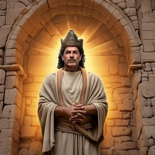 Prompt: Create a realistic photograph depicting a priest in ancient times. He has his hands clasped above his head. He is dressed in a toga and wears a crown on his head. It is located on an esplanade that resembles the Inca world. The sun or a ray of light is above it