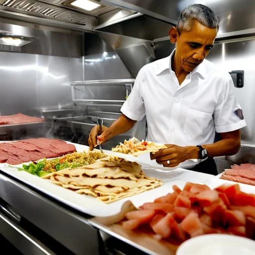 Prompt: obama cutting gyro meat  