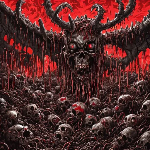 Prompt: gore blood guts skull crushed hellfire at the gates of hell moshpit of suffering humans devil horns crusified gross bloody guts shark teeth bones horror cut throat slit skin melting from body devil smiling no eyes black finger tips bird feet antlers red sky smoke wasteland uneasy enviorment drowning in hell hands trying to grab you through the walls orgy at the gates of hell wings fallen angel tall pale figure pillars church of hell anti natzi red eyes fire everywhere blood eagle needle bald gutted 