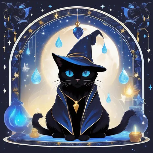 Prompt: A black cat in a wizards hat and robes. Surrounded by blue magic.
