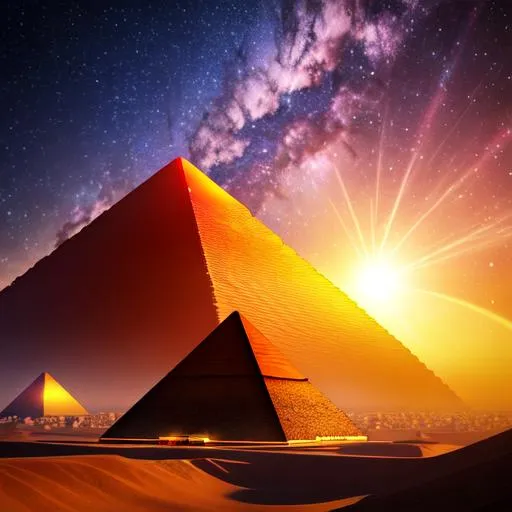 Prompt: Futuristic metal Giza Pyramid with ((planet on background)), Highly Detailed, Hyperrealistic, sharp focus, Professional, UHD, HDR, 8K, Render, HD, Trending on ArtStation, bokeh,