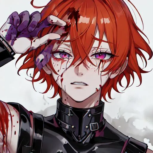 Prompt: Erikku male adult (short ginger hair, freckles, right eye blue left eye purple)  UHD, 8K, insane detail anime style, covered in blood, psychotic, covering his face with his hands, face covered in blood and cuts, blood highly detailed, crying out in pain, winking