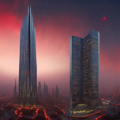 Prompt: The corporate headquarters of "Hell Inc." A tall demonic skyscraper cutting through the hazy red sky. Devils in silk suits and Bluetooth headsets walking on the street below.