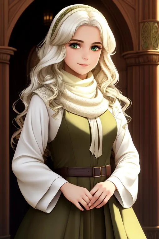 Prompt: a young girl with short, wavy, white hair, olive skin, and green eyes, wearing a brown plain dress, fantasy style, soft lighting, high, modern style, medieval fashion, wearing scarf around a neck