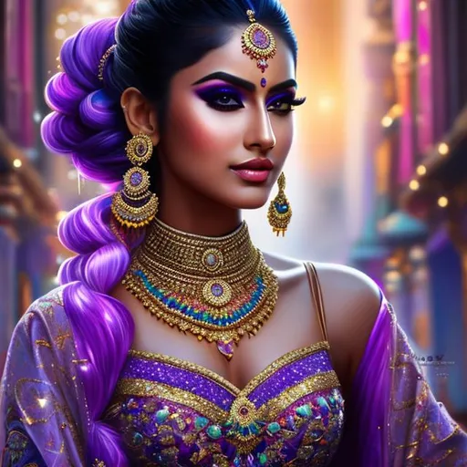Prompt: (8k, 3D, UHD, highly detailed, hyper-detailed, masterpiece, detailed oil painting) 23 years old Indian girl with a six pack abs wearing a crop top, colors of aqua and purple, stylish makeup, soft light, with pointy ears, 