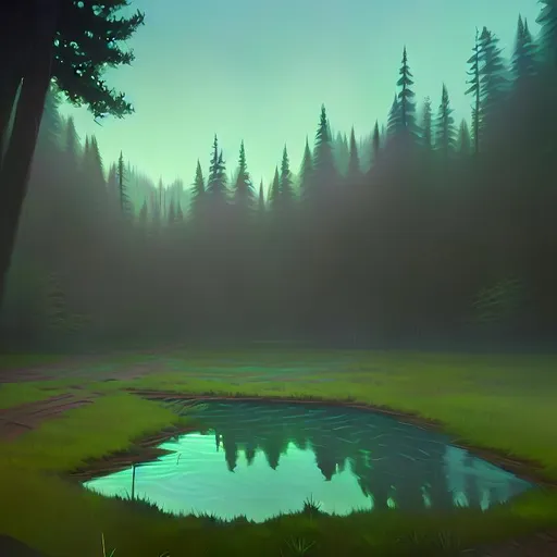 Prompt: Painting of pond in forest at midnight