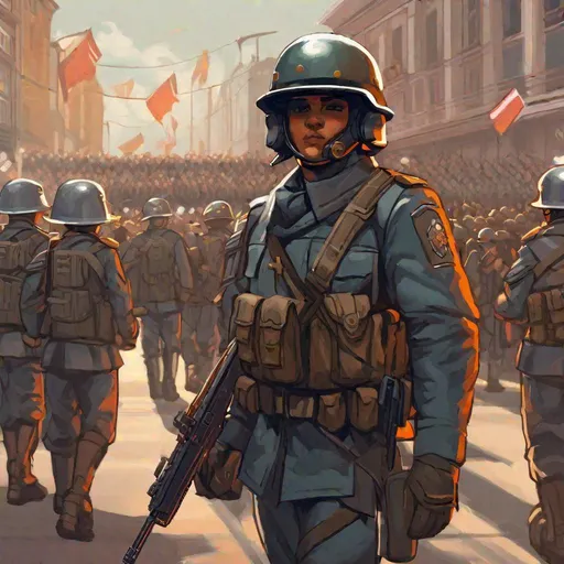 Prompt: A regiment of scifi soldier, with M1918 helmet, in parade. In the background a cheering crowd. RPG art. Rpg illustration. 2d art. 2d.
  