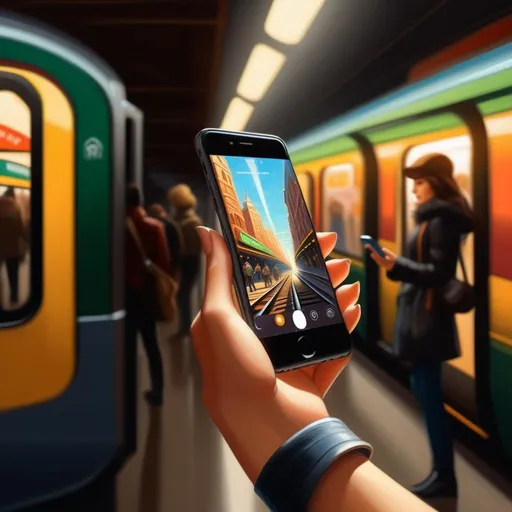 Prompt: First person, female hand wielding a smartphone, in a subway station, warm atmosphere, cartoony style, extremely detailed painting by Greg Rutkowski and by Henry Justice Ford and by Steve Henderson