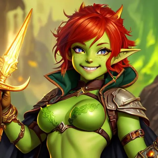 Prompt: oil painting, D&D fantasy, green-skinned-goblin girl, green-skinned-female with freckles, small, beautiful, short fiery red hair, wavy hair, smiling, pointed ears, short fangs, looking at the viewer, cleric wearing intricate adventurer outfit, #3238, UHD, hd , 8k eyes, detailed face, big anime dreamy eyes, 8k eyes, intricate details, insanely detailed, masterpiece, cinematic lighting, 8k, complementary colors, golden ratio, octane render, volumetric lighting, unreal 5, artwork, concept art, cover, top model, light on hair colorful glamourous hyperdetailed medieval city background, intricate hyperdetailed breathtaking colorful glamorous scenic view landscape, ultra-fine details, hyper-focused, deep colors, dramatic lighting, ambient lighting god rays, flowers, garden | by sakimi chan, artgerm, wlop, pixiv, tumblr, instagram, deviantart