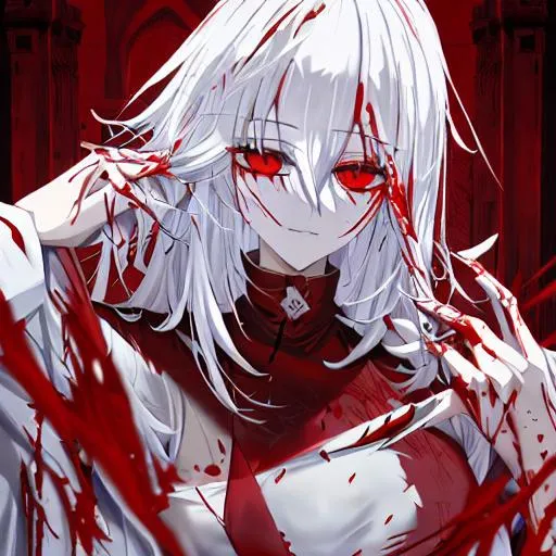 Prompt: white hair, red eyes, blood, a palace
