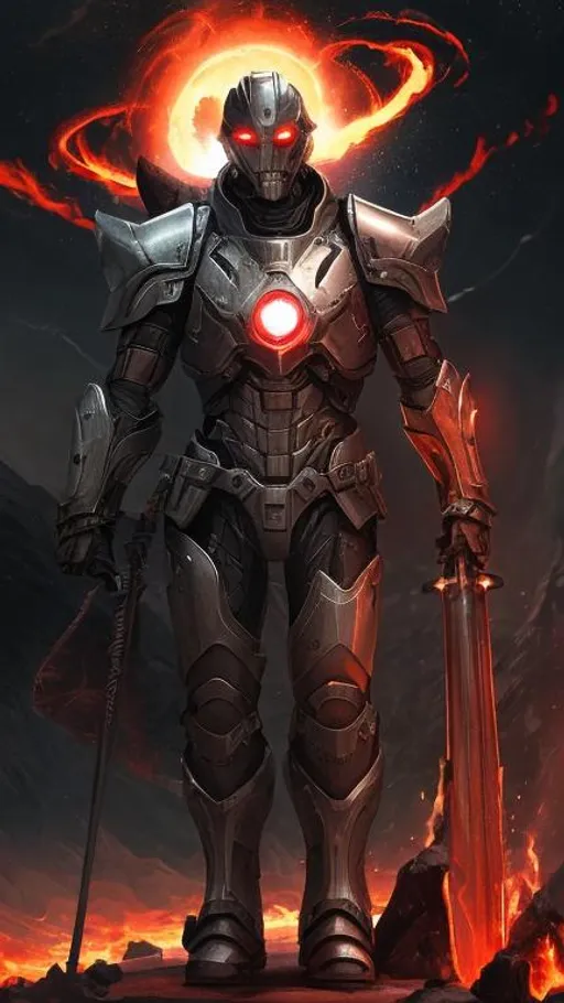 Prompt: a Male warforged in silver armor rests on his sword in the middle of a dark crater filled with glowing red fire. the sky is dark and he is surrounded by glowing red lightning. Behance hd