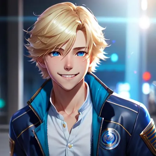 Prompt: noble fifteen year old boy, wild smile, blond hair, blue and white jacket, glowing blue eyes, smooth soft skin, soft lighting, detailed face, by makoto shinkai, stanley artgerm lau, wlop, rossdraws, concept art, digital painting