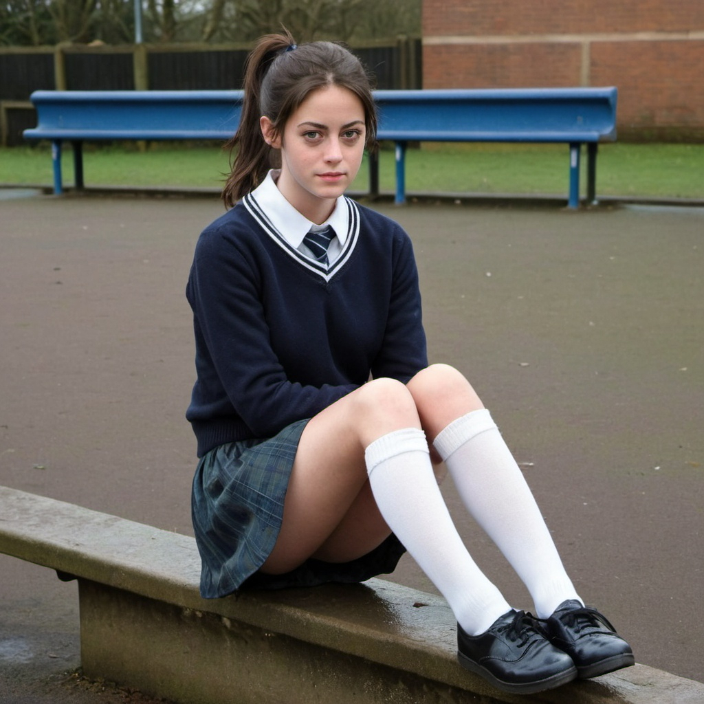 Kaya Scodelario as a tall brunette Schoolgirl hair in a ponytail with cold bare legs plain white so