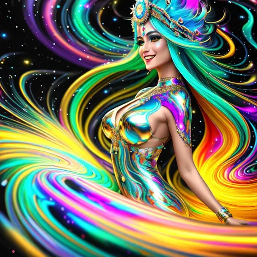 Prompt: Exuberant, Happy, upbeat psychedelic cinematic, Nebula, 3D, HD, {Beautiful Goddess}liquid silver, expansive metallic background, supernova, freeform colorful ink chaos, hyper realistic, 8K --s98500