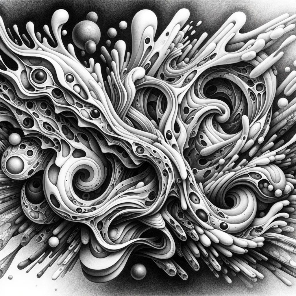 Prompt: Black and white pencil drawing depicting a surreal scene where abstract shapes and patterns intertwine, representing the concept of embracing insanity. Fluid forms merge and separate, creating an intricate dance of chaos and order.
