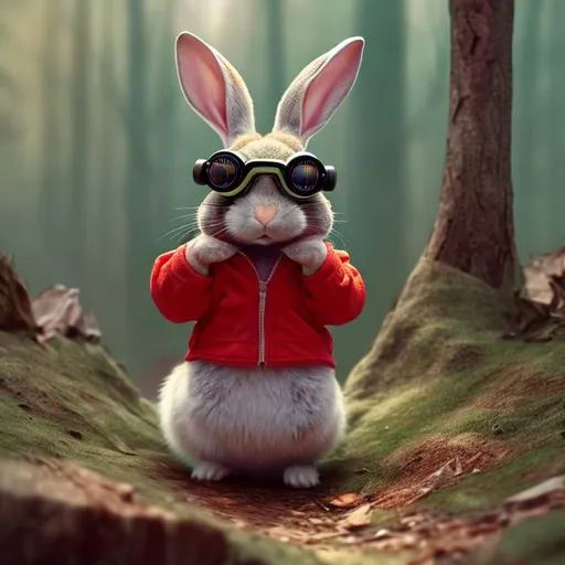 Prompt: A little rabbit named Rabie, wearing goggles in red clothes , in the beautiful forest