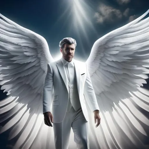 Prompt: photo of a real life angel coming down from heaven, big white angel wings spread out, dark grey three-piece suit, soft lighting, outdoors, vibrant color scheme, front view, movie poster style