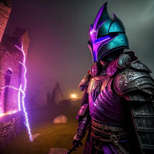 Prompt: Dark Knight with purple light cracking through the helmet in a Blackstone castle, a dark lighting dragon in the background