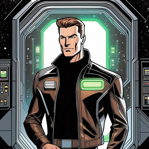 Prompt: detailed character portrait, full body portrait of a muscled male with brown pompadour undercut, retro futuristic starship captain, green glowing eyes, smirking, black futuristic leather jackett, on smoky background, docking station, inside of a spaceship, Marvel comics art, (comic art), 2d art. (2d), DC comics art. Well drawn faces, detailed faces.