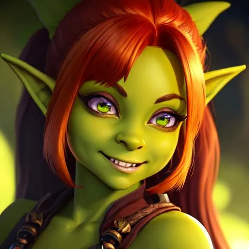 Prompt: oil painting, D&D fantasy, young green-skinned-goblin girl, green-skinned-female (petite body), beautiful face, mischievous grin, short fiery red hair, pigtails, pointed ears, fangs, looking at the viewer, wearing adventurer's outfit #3238, UHD, hd , 8k eyes, detailed face, big anime dreamy eyes, 8k eyes, intricate details, insanely detailed, masterpiece, cinematic lighting, 8k, complementary colors, golden ratio, octane render, volumetric lighting, unreal 5, artwork, concept art, cover, top model, light on hair colorful glamourous hyperdetailed medieval city background, intricate hyperdetailed breathtaking colorful glamorous scenic view landscape, ultra-fine details, hyper-focused, deep colors, dramatic lighting, ambient lighting god rays, flowers, garden | by sakimi chan, artgerm, wlop, pixiv, tumblr, instagram, deviantart