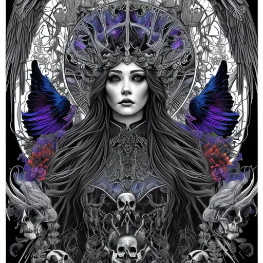 Prompt: ultra realistic coloring page goddess of death with raven face sitting on throne made out of skulls, surrounded by dark blue and red butterfly's in art nouveau plus digital art style


