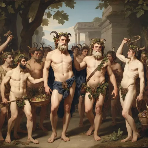 Prompt: Dionysus with his parade who are satyrs and Silenus