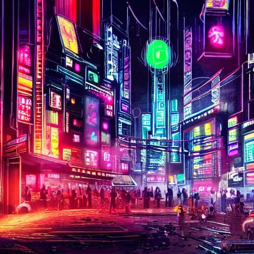 Prompt: A futuristic city at night with many neon lights and massive mechanical buildings. It is busy with people and very cosmopolitan. A boiling pot of many different cultures presented with a cyberpunk look.