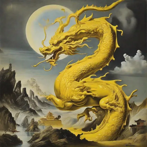 Prompt: Salvador Dalí style vision, Chinese yellow dragon, surrealist, dreamlike, precise, melting
