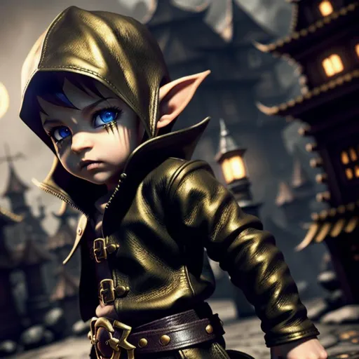 Prompt: {center shot} 3D, HD, Scary, Gritty, Sinister, Cute!!!!(male{elf}Toddler!!!) {facing camera} dressed in {leather Thief outfit}, {Fantasy}Residential background, ultra-detailed, backlit, glamour, glimmer, shadows, unreal engine 5, ultra-sharp focus, detail, ominous, golden ratio, intricate, cinematic character render, 64K --s98500