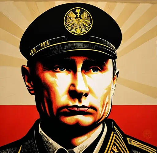 Prompt: Putin as UN soldier, peace, art by Shepard fairey 