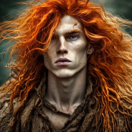 Prompt:   Depict the subject's fiery orange hair in wild, flowing strands that carry a sense of untamed energy. Add hints of golden highlights and subtle wisps of wind-blown texture, giving it a dynamic and fantastical quality.

Craft his face with a weathered yet intriguing allure. Accentuate the gaunt features and sharp cheekbones, showcasing the resilience and determination etched into his countenance. The heavily freckled skin should bear a hint of sun-kissed warmth, as if touched by the realms he has explored.

Bring the eyes to life with an arcane touch. The light blue eye should shimmer with an almost magical luminescence, hinting at hidden depths and wisdom. The pink eye, with its unique pupil shape, should exude an enigmatic aura, reflecting the character's connection to an extraordinary realm.

Maintain a rugged charm in his smile, capturing a sense of mischief and self-assuredness. Add subtle lines and imperfections to his lips, emphasizing his unpolished and authentic nature.

Incorporate fantastical elements into the portrait, such as wisps of arcane energy or nature-inspired motifs that intertwine with his hair and surroundings. These elements should enhance the overall fantasy aesthetic, further emphasizing the character's untamed spirit and captivating persona.

With this fantasy-inspired portrait, convey the essence of a rugged ginger male, blending the allure of the fantastical with the rawness of his character. Invite viewers into a world where adventure and mystique intertwine, leaving them captivated by the enigmatic persona before them.
