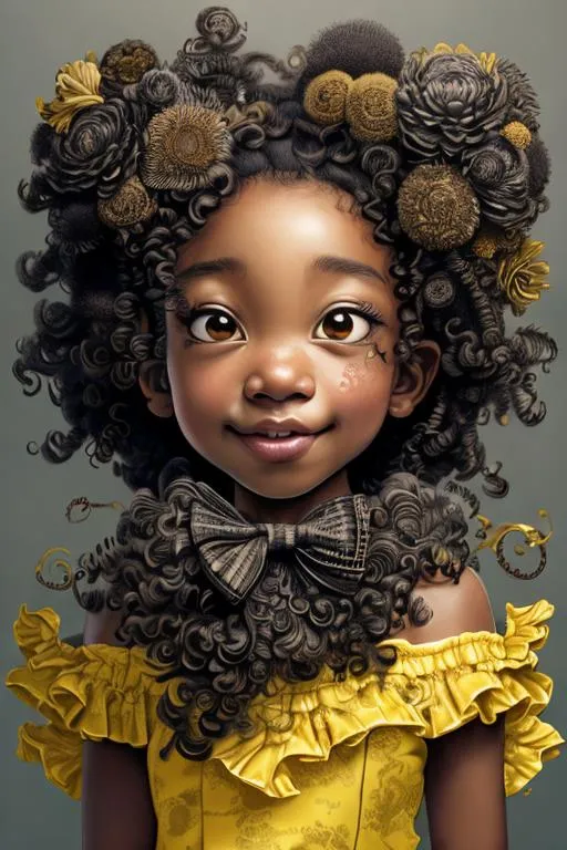 Prompt: Artwork by Daisuke Hagiwara of a black girl, curly hair, flowers in hair, soft yellow and black dress with ruffle and bow details, light black eyes, smiling mouth, hyper detailed and intricate, ornate, (sharp focus:1.2),smooth facial, eyes, nose, hand features, vivid, vibrant, 8K 3D, (UHD:1.2), 8k resolution, character design, CloverWorks, (rendered by real engine 5)