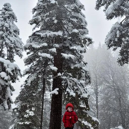 Prompt: A child standing in a pine tree forest while snow falls around them.